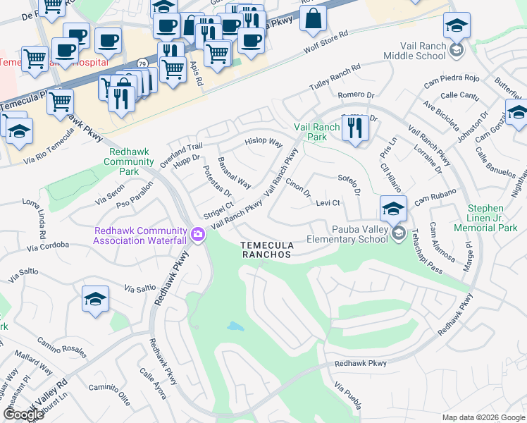 map of restaurants, bars, coffee shops, grocery stores, and more near 44915 Machon Road in Temecula