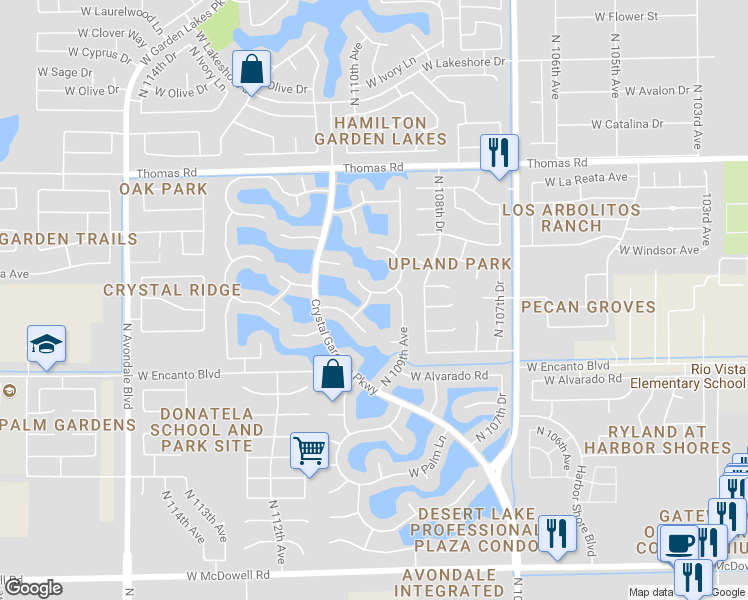 map of restaurants, bars, coffee shops, grocery stores, and more near 10929 West Wilshire Drive in Avondale