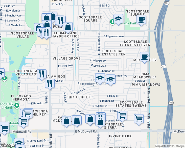 map of restaurants, bars, coffee shops, grocery stores, and more near 8316 East Vernon Avenue in Scottsdale