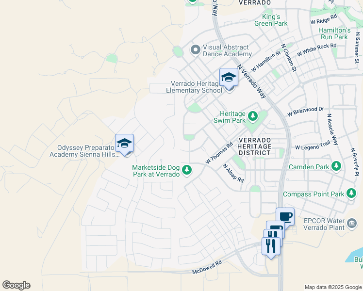 map of restaurants, bars, coffee shops, grocery stores, and more near 21080 West Maiden Lane in Buckeye