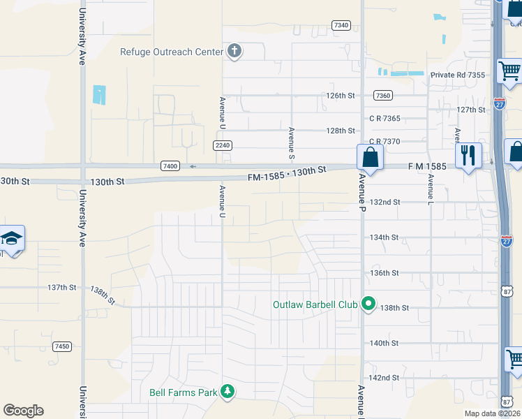map of restaurants, bars, coffee shops, grocery stores, and more near 1901 FM 1585 in Lubbock