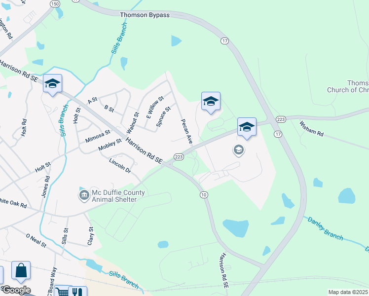 map of restaurants, bars, coffee shops, grocery stores, and more near 1061 White Oak Road in Thomson