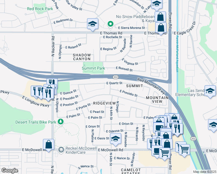 map of restaurants, bars, coffee shops, grocery stores, and more near 3210 North 64th Street in Mesa