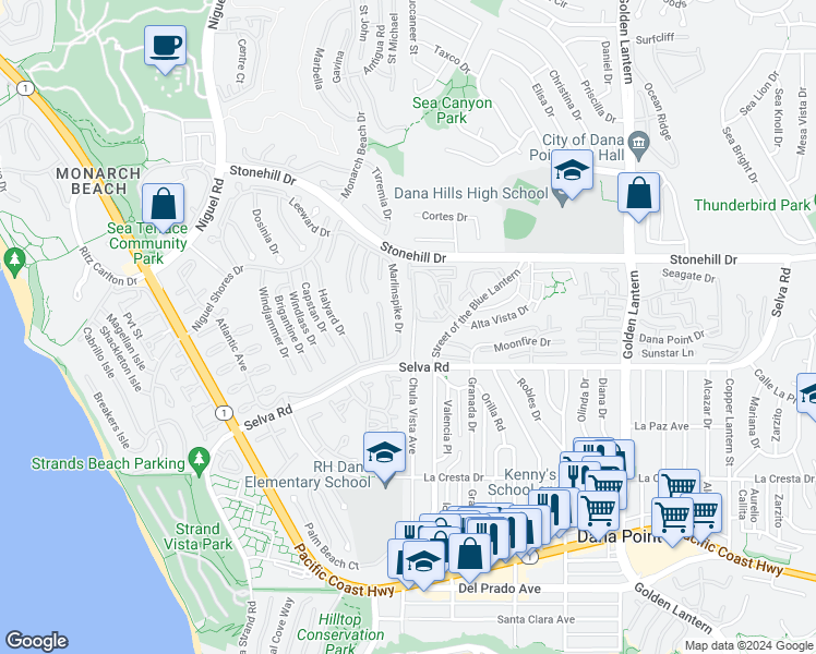 map of restaurants, bars, coffee shops, grocery stores, and more near 33615 Via Corvalian in Dana Point