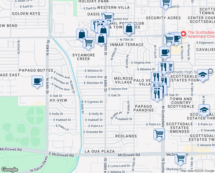 map of restaurants, bars, coffee shops, grocery stores, and more near 2401 North 68th Street in Scottsdale