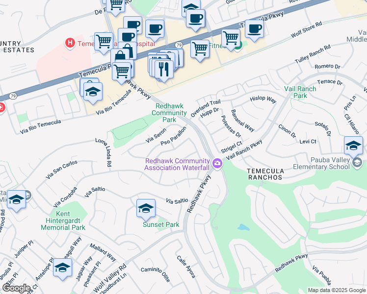 map of restaurants, bars, coffee shops, grocery stores, and more near 32197 Camino Guarda in Temecula