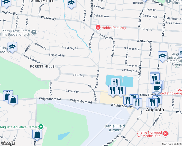 map of restaurants, bars, coffee shops, grocery stores, and more near 3007 Park Avenue in Augusta