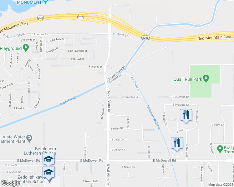map of restaurants, bars, coffee shops, grocery stores, and more near 3615 East Quenton Drive in Mesa
