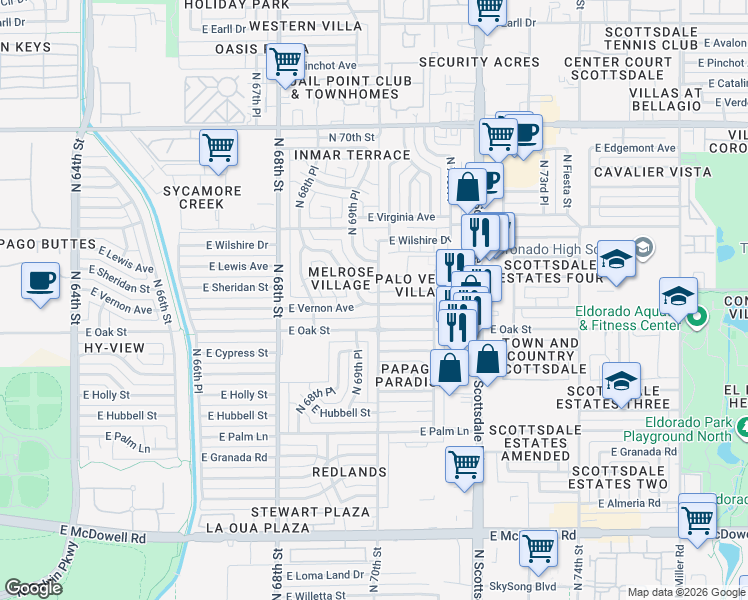map of restaurants, bars, coffee shops, grocery stores, and more near 7008 East Vernon Avenue in Scottsdale