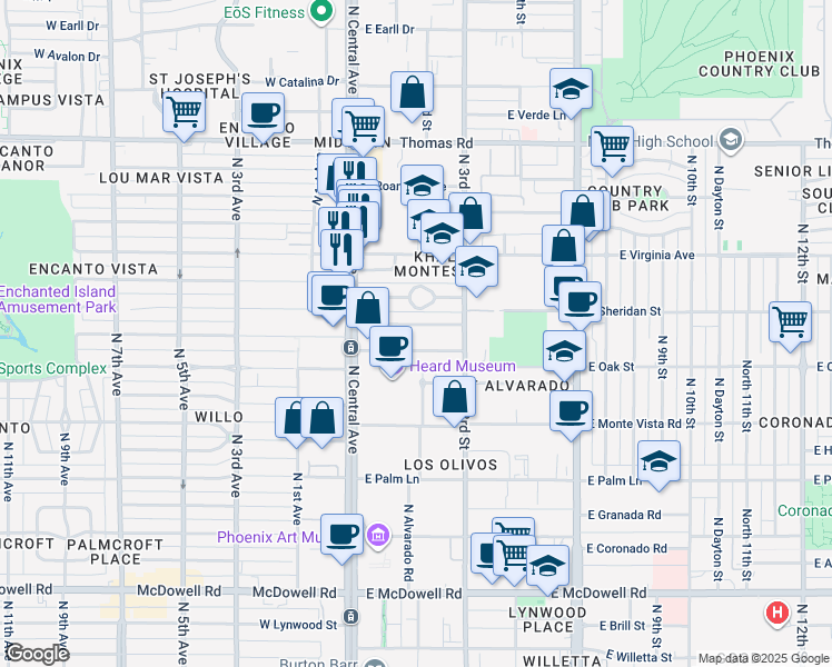 map of restaurants, bars, coffee shops, grocery stores, and more near 55 East Vernon Avenue in Phoenix