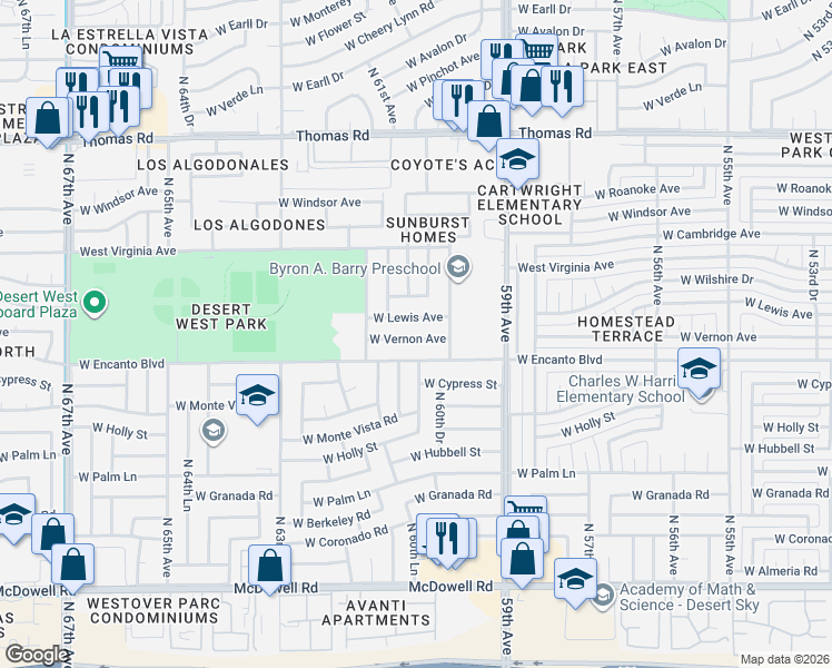 map of restaurants, bars, coffee shops, grocery stores, and more near 6020 West Vernon Avenue in Phoenix
