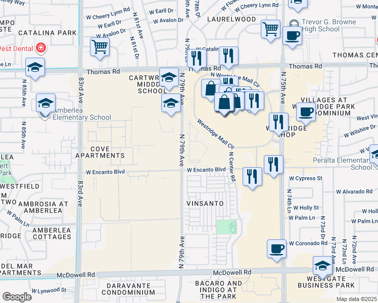 map of restaurants, bars, coffee shops, grocery stores, and more near 2341-2673 North 79th Avenue in Phoenix