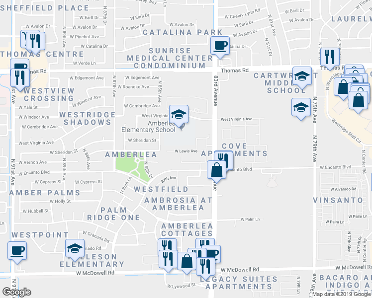 map of restaurants, bars, coffee shops, grocery stores, and more near 8432 West Lewis Avenue in Phoenix