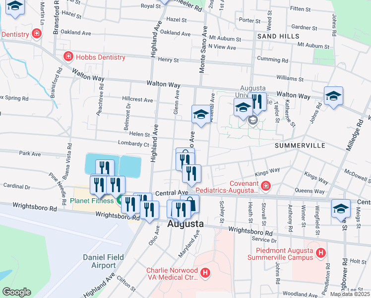map of restaurants, bars, coffee shops, grocery stores, and more near 1314 1/2 Glenn Avenue in Augusta