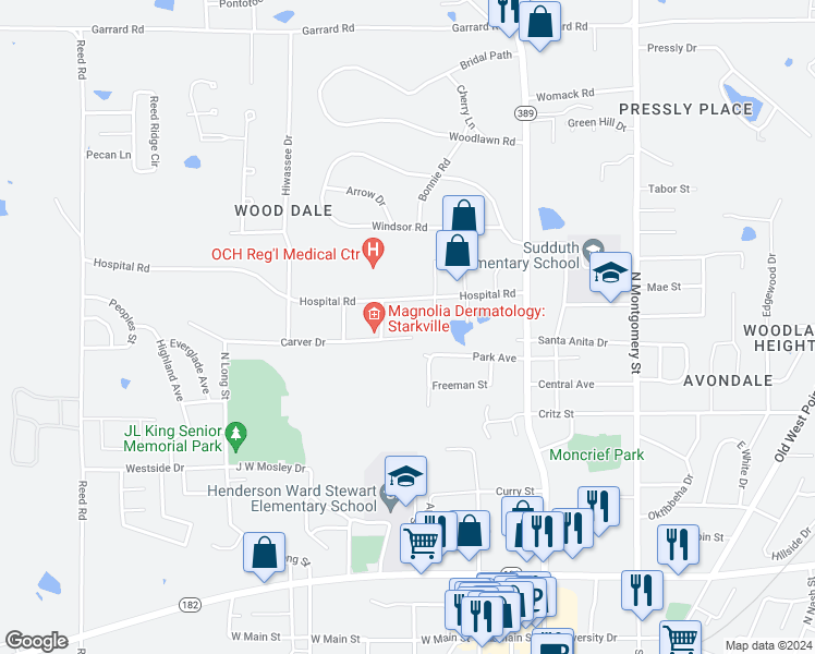 map of restaurants, bars, coffee shops, grocery stores, and more near 300 Carver Drive in Starkville