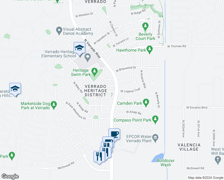 map of restaurants, bars, coffee shops, grocery stores, and more near 20686 West Legend Trail in Buckeye