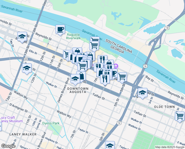 map of restaurants, bars, coffee shops, grocery stores, and more near 705 Ellis Street in Augusta