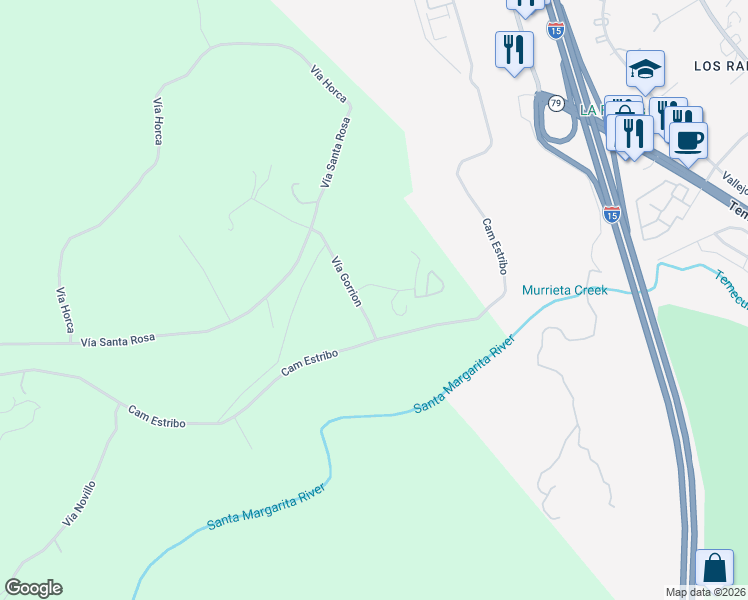 map of restaurants, bars, coffee shops, grocery stores, and more near 29165 Ridgeline Court in Temecula