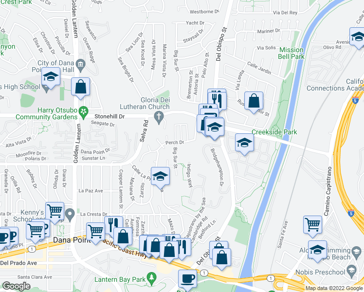 map of restaurants, bars, coffee shops, grocery stores, and more near 25292 Perch Drive in Dana Point