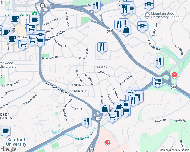 map of restaurants, bars, coffee shops, grocery stores, and more near 504 Rumson Road in Birmingham