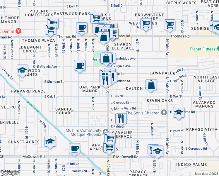 map of restaurants, bars, coffee shops, grocery stores, and more near 2379 North 32nd Street in Phoenix
