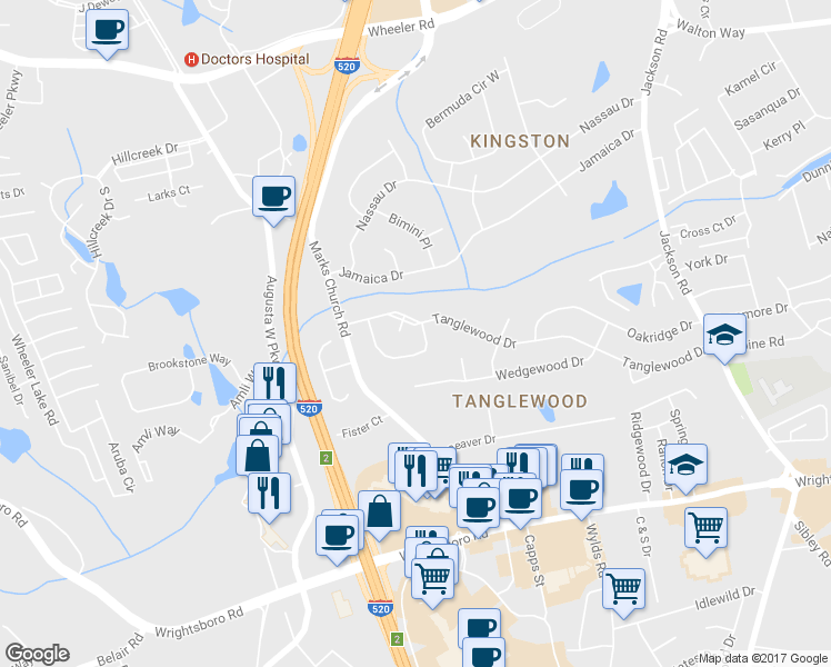 map of restaurants, bars, coffee shops, grocery stores, and more near 1401 Springfield Circle in Augusta