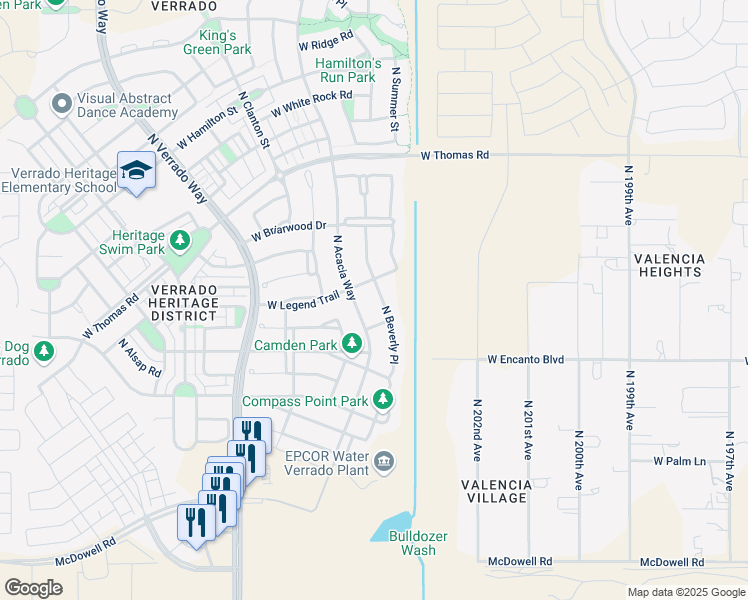 map of restaurants, bars, coffee shops, grocery stores, and more near 2438 North Beverly Place in Buckeye