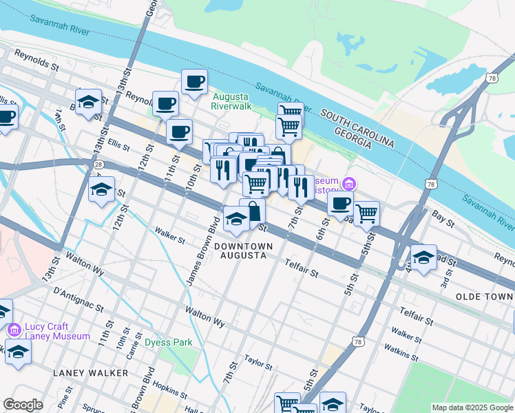 map of restaurants, bars, coffee shops, grocery stores, and more near in Augusta