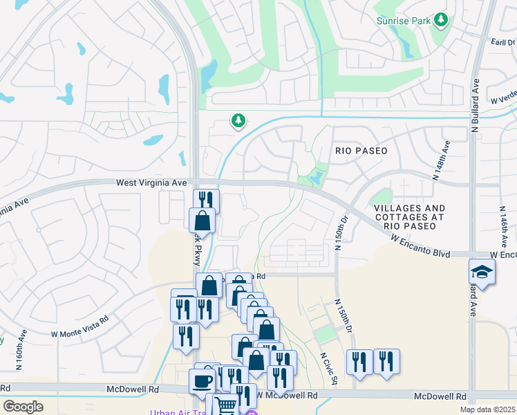 map of restaurants, bars, coffee shops, grocery stores, and more near 15361 Virginia Avenue in Goodyear