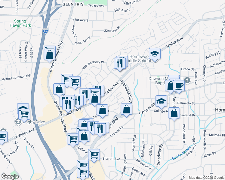 map of restaurants, bars, coffee shops, grocery stores, and more near 601 Valley Avenue in Birmingham
