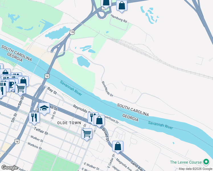 map of restaurants, bars, coffee shops, grocery stores, and more near 340 RiverNorth Drive in North Augusta