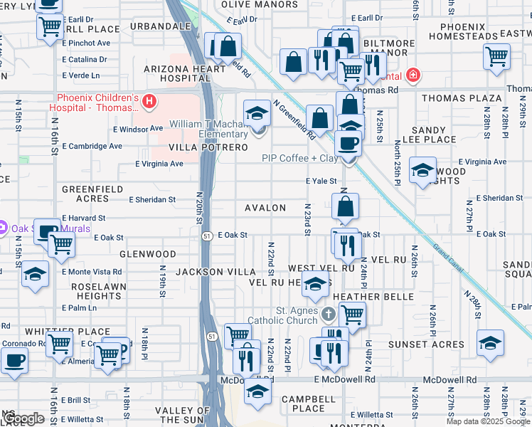 map of restaurants, bars, coffee shops, grocery stores, and more near 2142 East Harvard Street in Phoenix