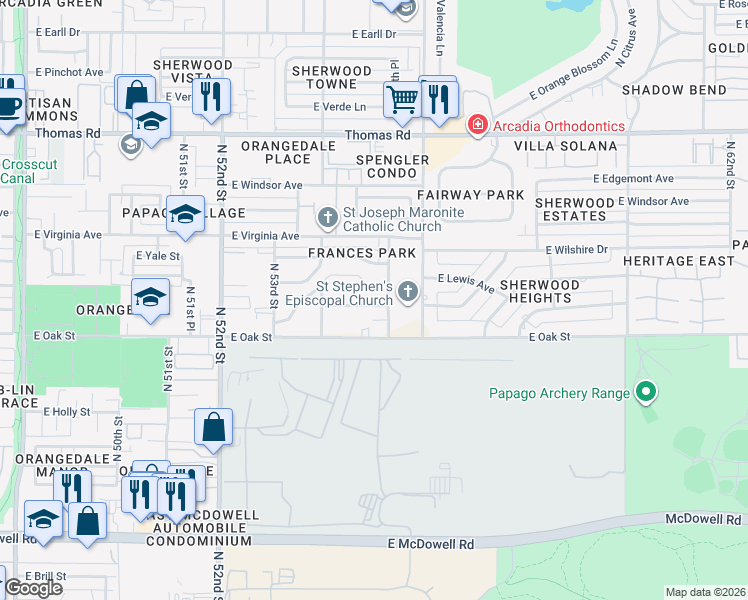 map of restaurants, bars, coffee shops, grocery stores, and more near 5456 East Vernon Avenue in Phoenix