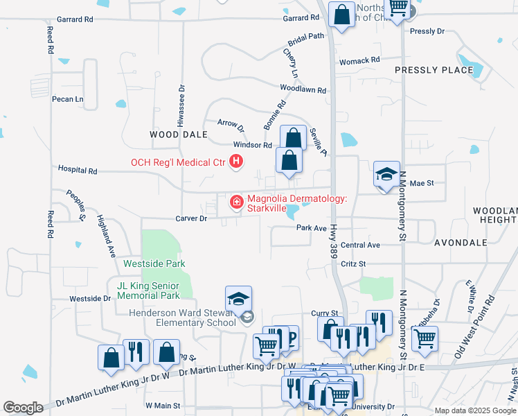 map of restaurants, bars, coffee shops, grocery stores, and more near 300 Carver Drive in Starkville