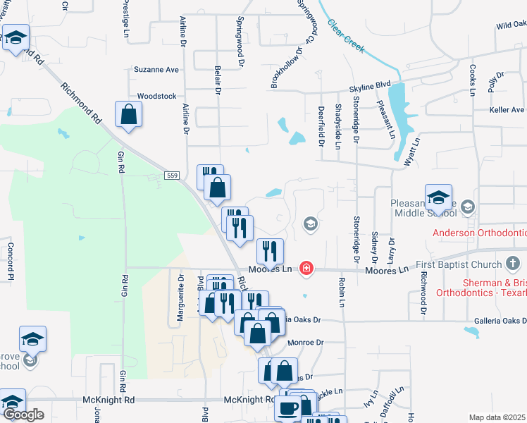 map of restaurants, bars, coffee shops, grocery stores, and more near 4100 Moores Lane in Texarkana