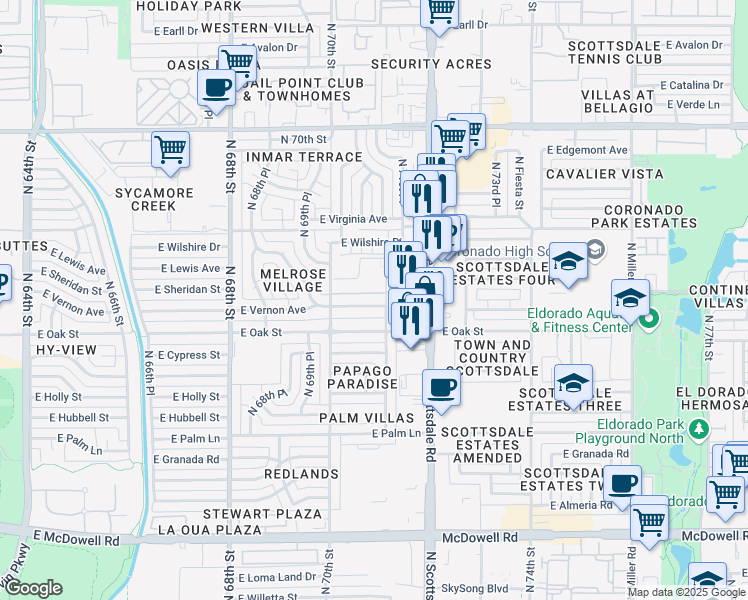 map of restaurants, bars, coffee shops, grocery stores, and more near 7044 East Vernon Avenue in Scottsdale
