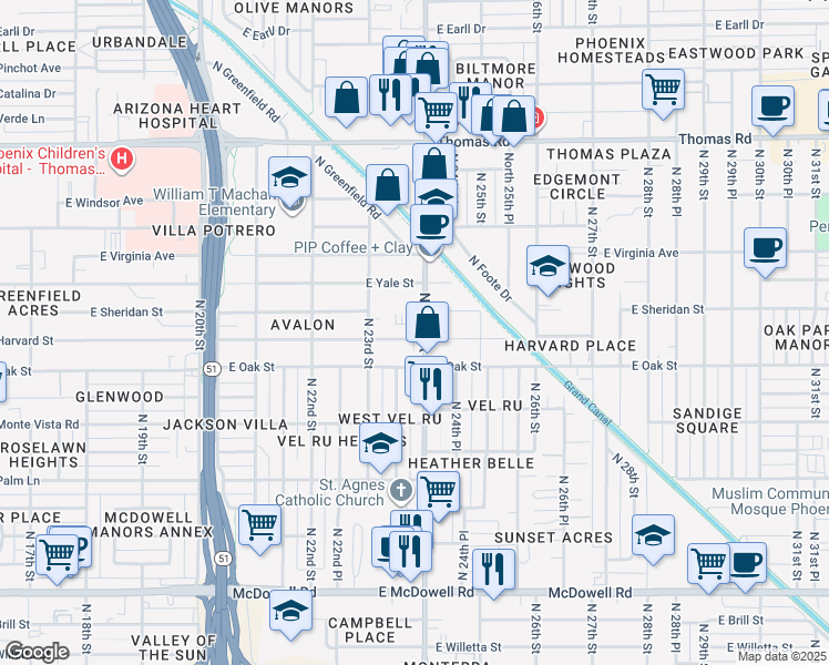 map of restaurants, bars, coffee shops, grocery stores, and more near 2402 North 24th Street in Phoenix