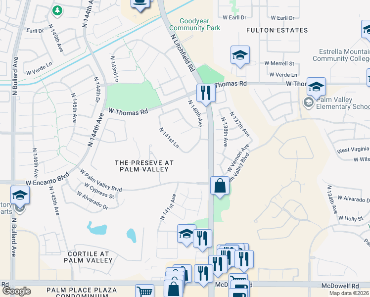 map of restaurants, bars, coffee shops, grocery stores, and more near 2419 North 141st Lane in Goodyear