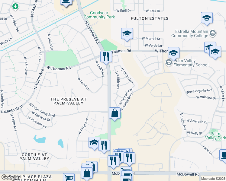 map of restaurants, bars, coffee shops, grocery stores, and more near 13874 West Wilshire Drive in Goodyear