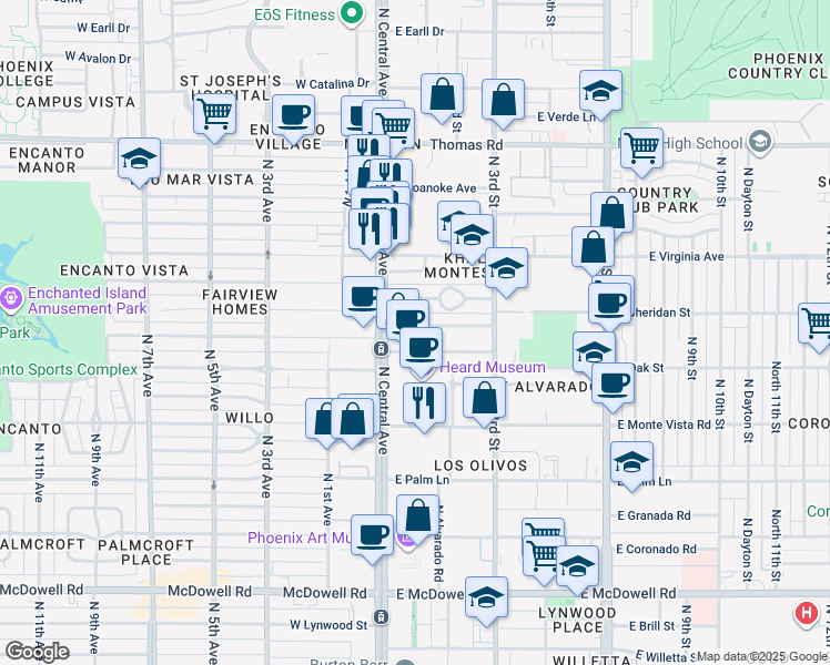 map of restaurants, bars, coffee shops, grocery stores, and more near 23 E Vernon Ave in Phoenix