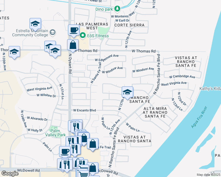 map of restaurants, bars, coffee shops, grocery stores, and more near 2411 North 127th Drive in Avondale