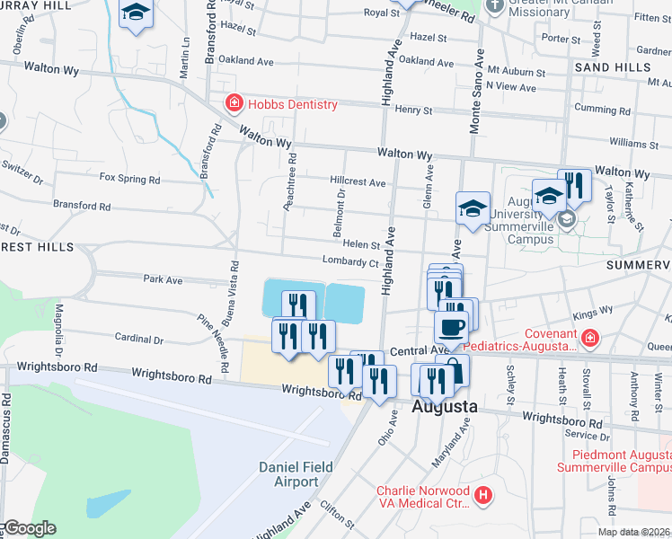 map of restaurants, bars, coffee shops, grocery stores, and more near 2820 Lombardy Court in Augusta