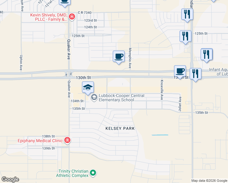 map of restaurants, bars, coffee shops, grocery stores, and more near 3814 133rd Street in Lubbock