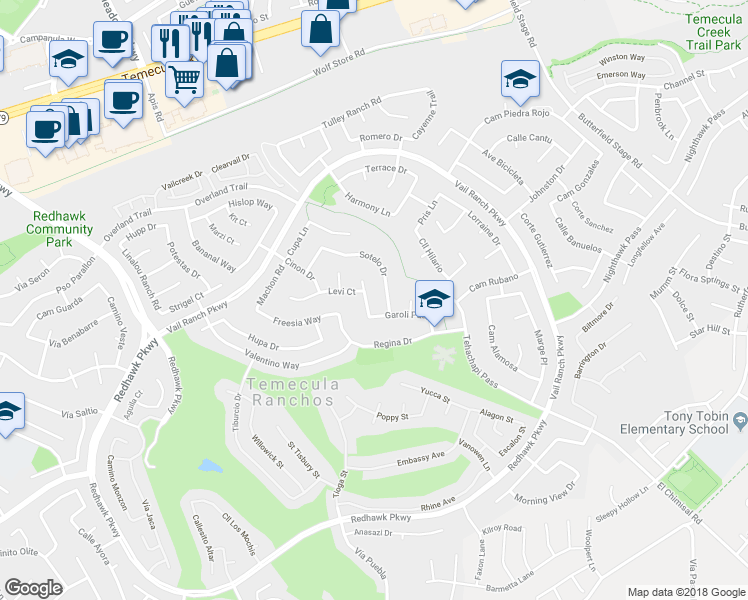 map of restaurants, bars, coffee shops, grocery stores, and more near 44864 Fern Circle in Temecula