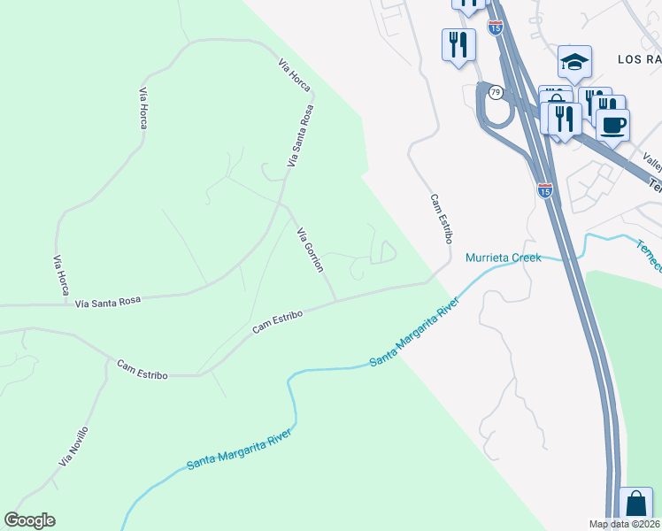 map of restaurants, bars, coffee shops, grocery stores, and more near 29165 Ridgeline Court in Temecula