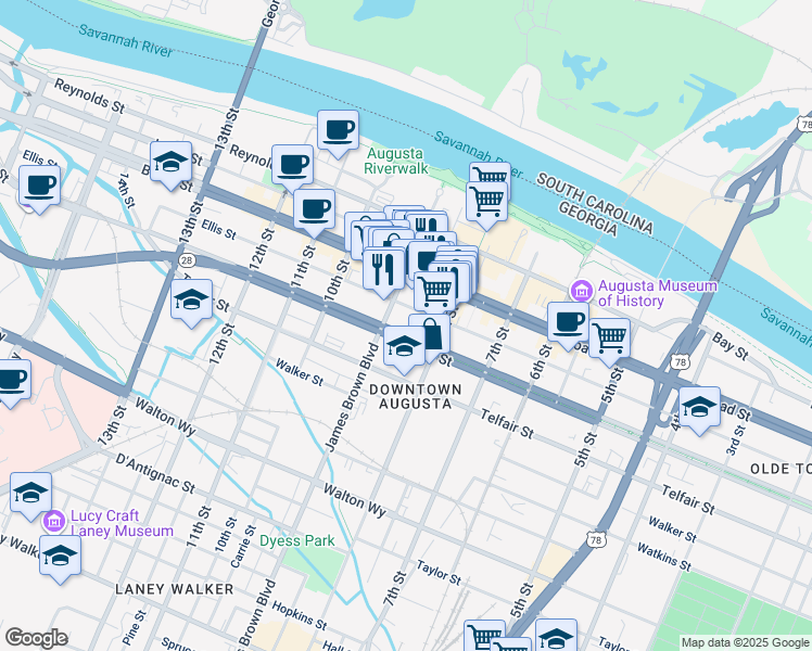 map of restaurants, bars, coffee shops, grocery stores, and more near 825 Greene Street in Augusta