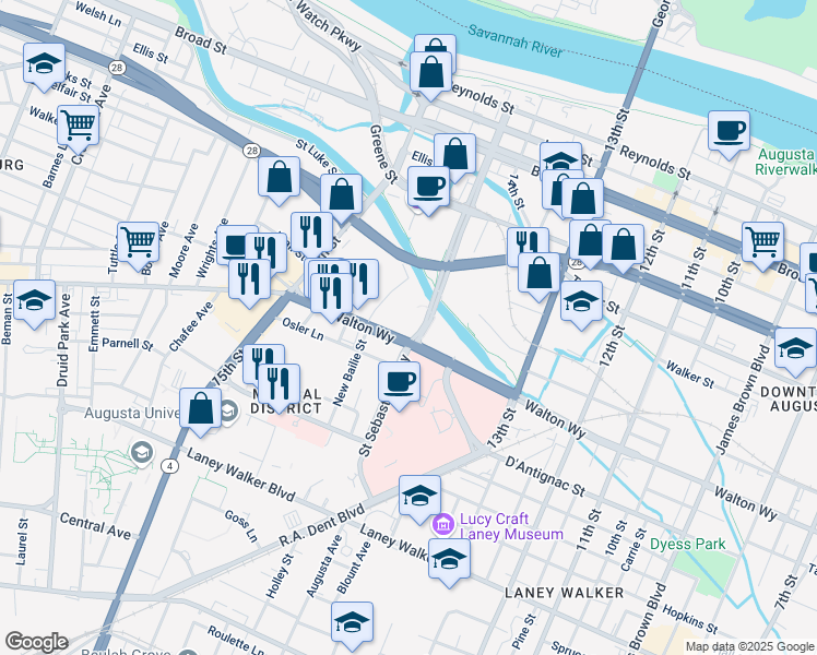 map of restaurants, bars, coffee shops, grocery stores, and more near 1425 Walton Way in Augusta