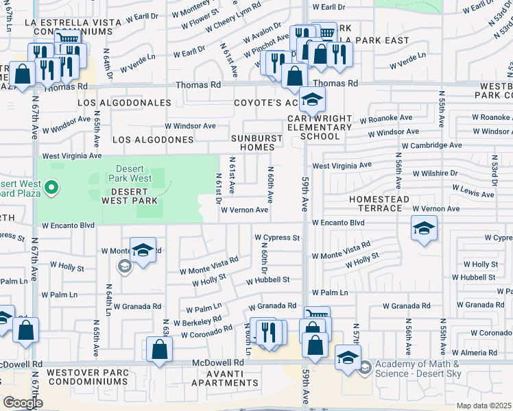 map of restaurants, bars, coffee shops, grocery stores, and more near 6020 West Vernon Avenue in Phoenix
