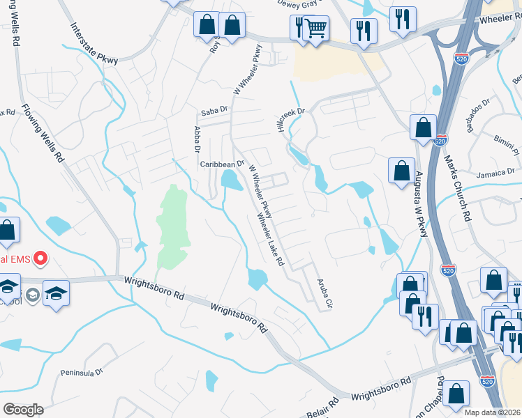 map of restaurants, bars, coffee shops, grocery stores, and more near 5062 Wheeler Lake Road in Augusta