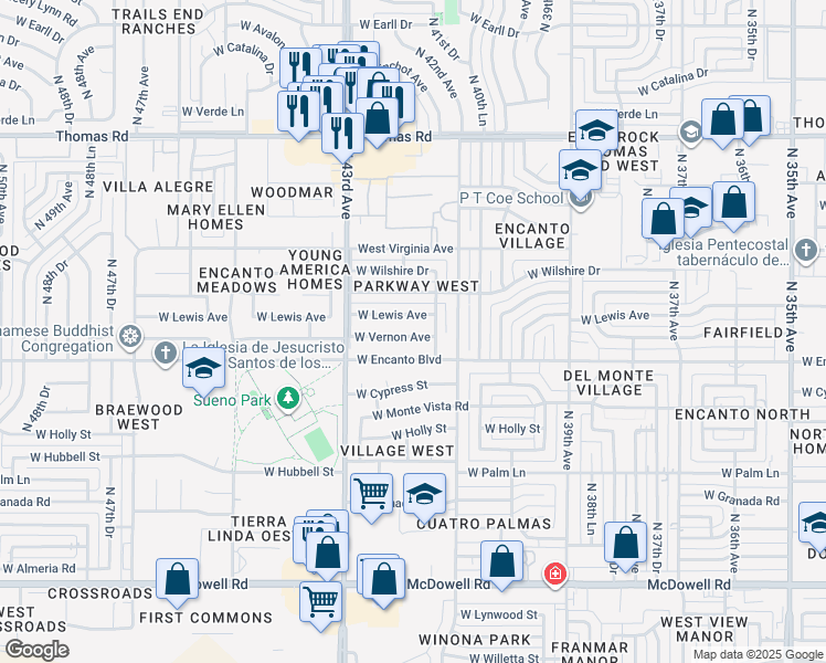 map of restaurants, bars, coffee shops, grocery stores, and more near 4138 West Vernon Avenue in Phoenix